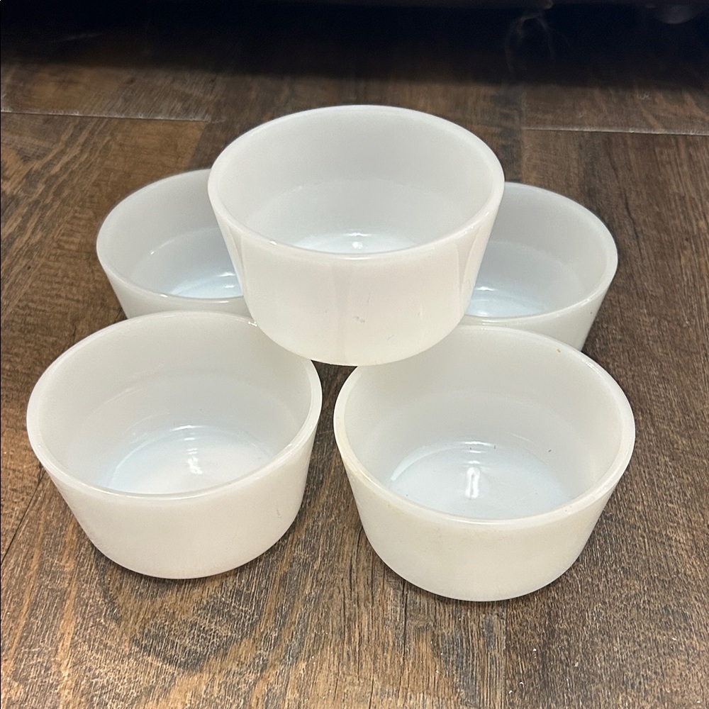 Glasbake Custard Cups White Milk Glass 5 Ramekin Dessert Prep Bowls MCM